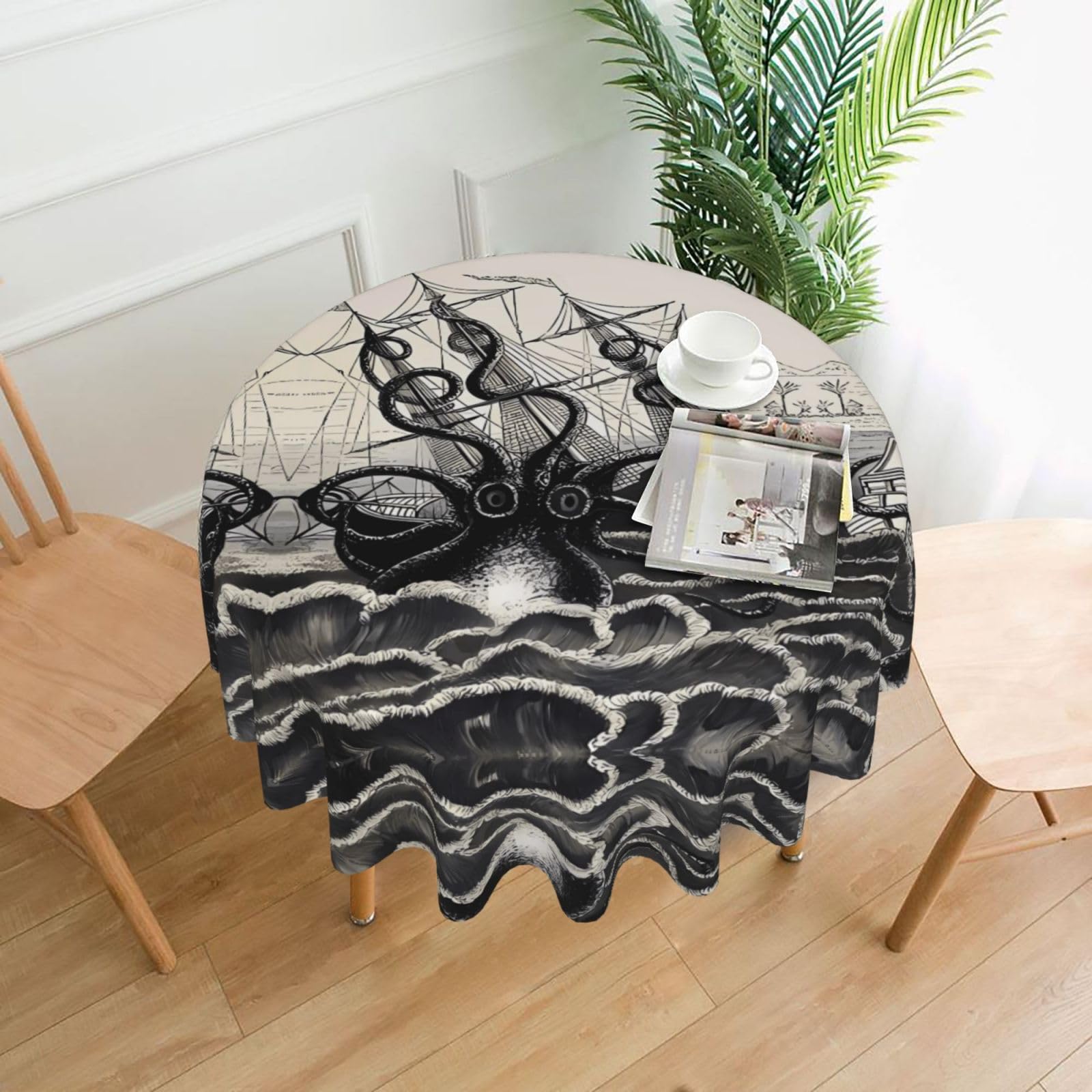 ZHAOUR Sailing Pirate Octopus Print Round Washable Tablecloth – Table Cover