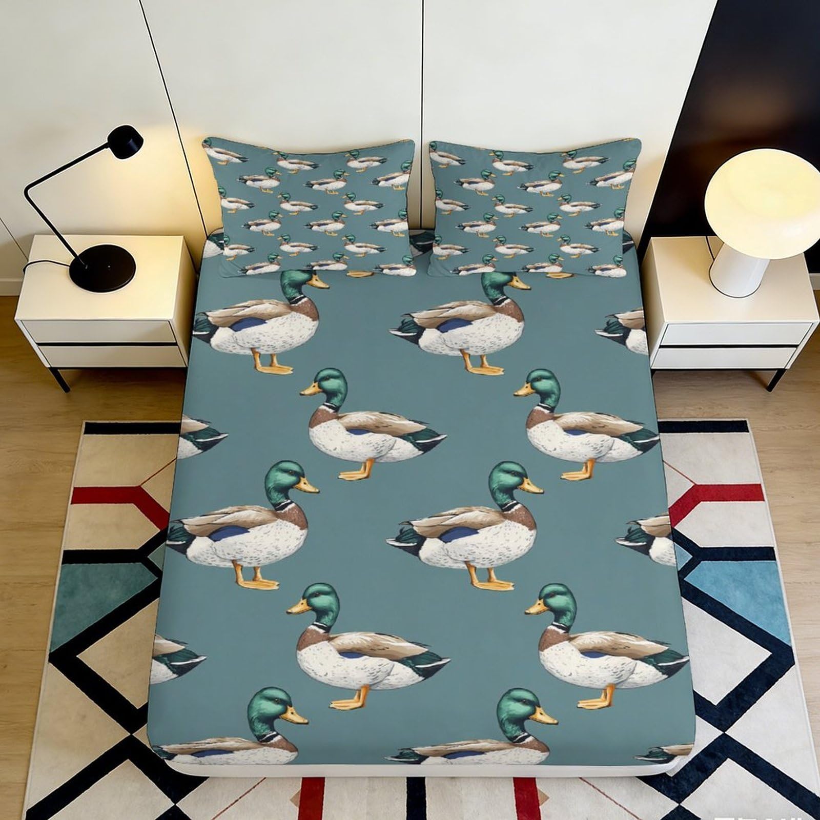 Decorative Duck Pattern Fitted Sheet 3D Printed, Microfiber Soft Touch Bed Cover, Easy Care for Bedroom, Guest Room, Apartment Bedding, Anti-Slip, 140x200x25cm