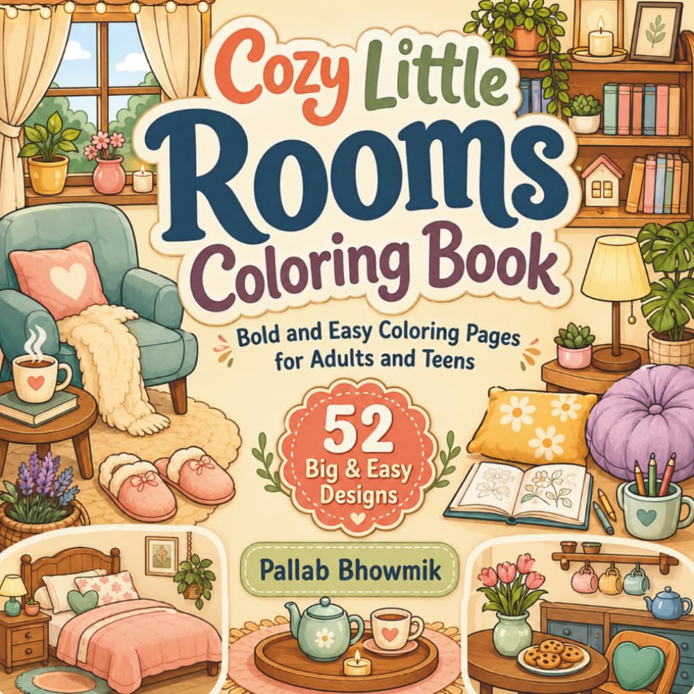 Cozy Little Rooms Coloring Book: Bold and Easy Coloring Pages for Adults and Teens