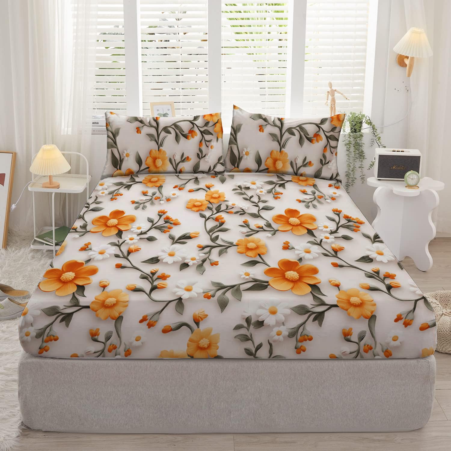 DECOMIZER 300TC Cotton Feel Glace Cotton Elastic Fitted 7D Printed King Size Double Bed Bedsheet with 2 Pillow Covers Fits Upto 8 inches Mattress,72x78, Yellow Sunflower