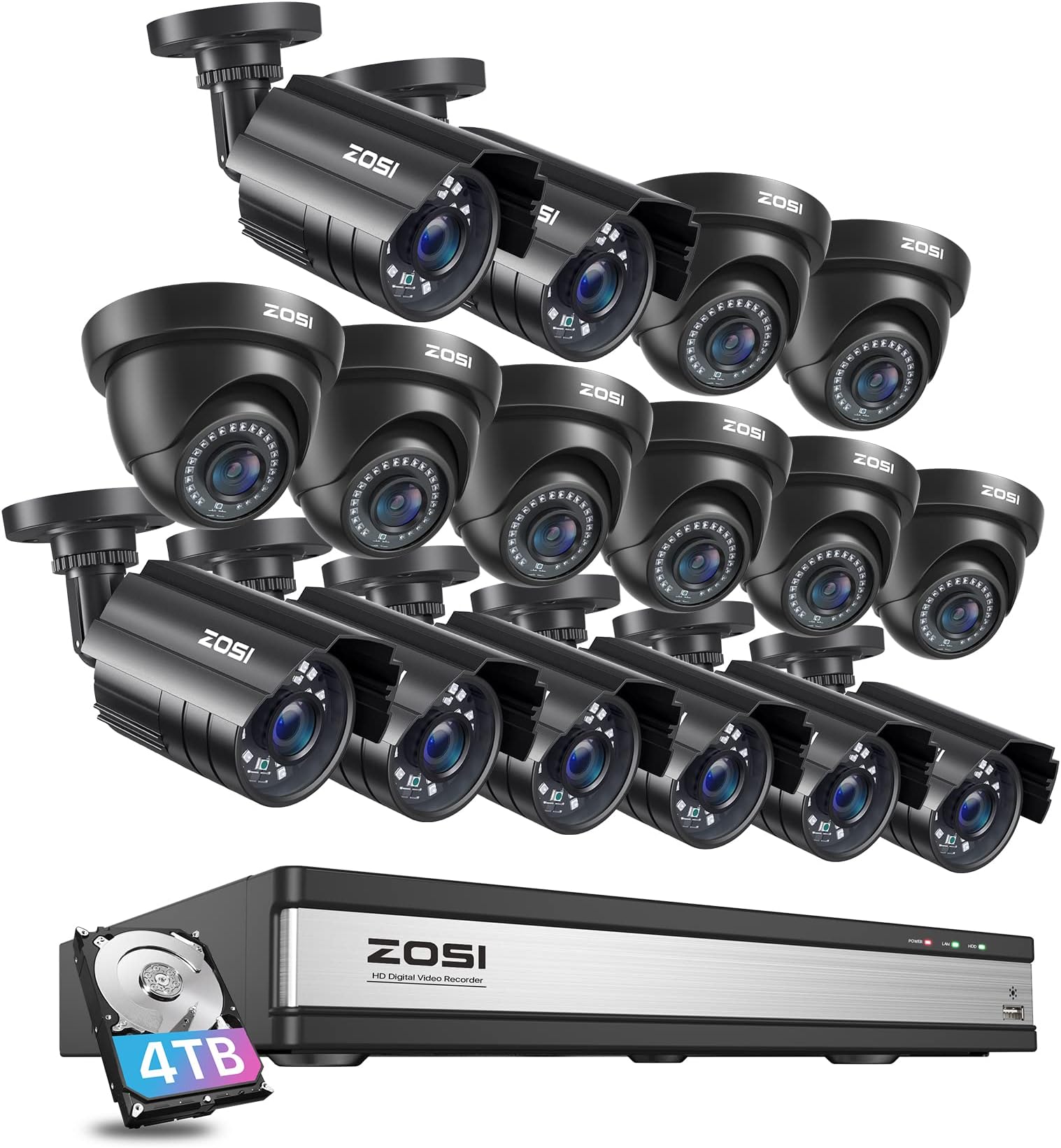 16CH Security Camera System with AI Human Vehicle Detection,16 Channel DVR with 4TB Hard Drive,16pcs 1920TVL 1080p Surveillance Cameras Indoor Outdoor,Night Vision,Remote Access,24/7 Recording