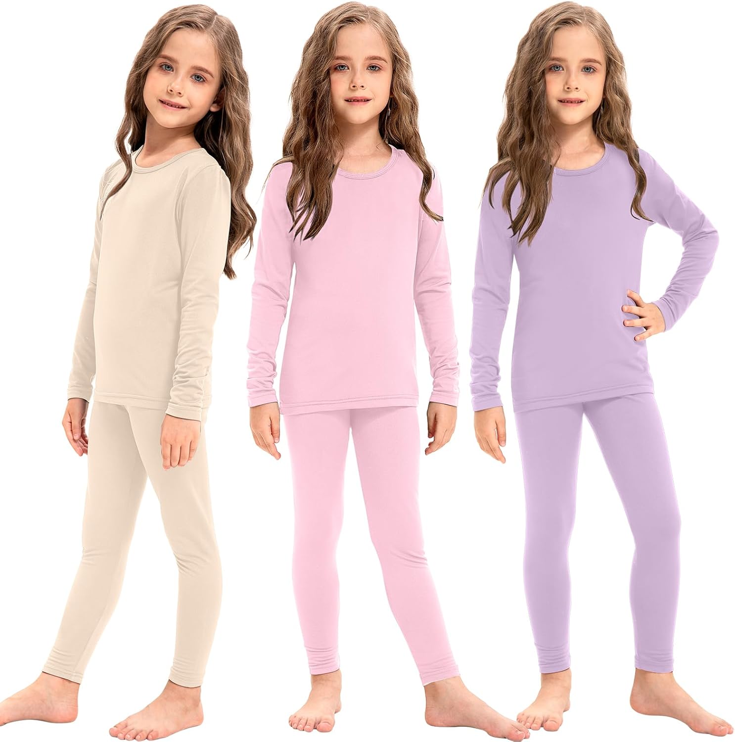Silkfly 3 Set Girls Thermal Underwear Soft Winter Thermal Top and Bottom with Fleece Lined Base Layer for Girls