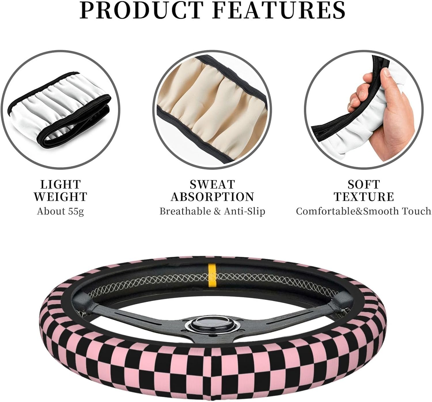 Pink and Black Checkered Steering Wheel Cover for Women, Universal Auto Steering Wheel 14-15 Inch Car Interior Accessories with 2PCS Car Coasters, Suitable for Men and Women