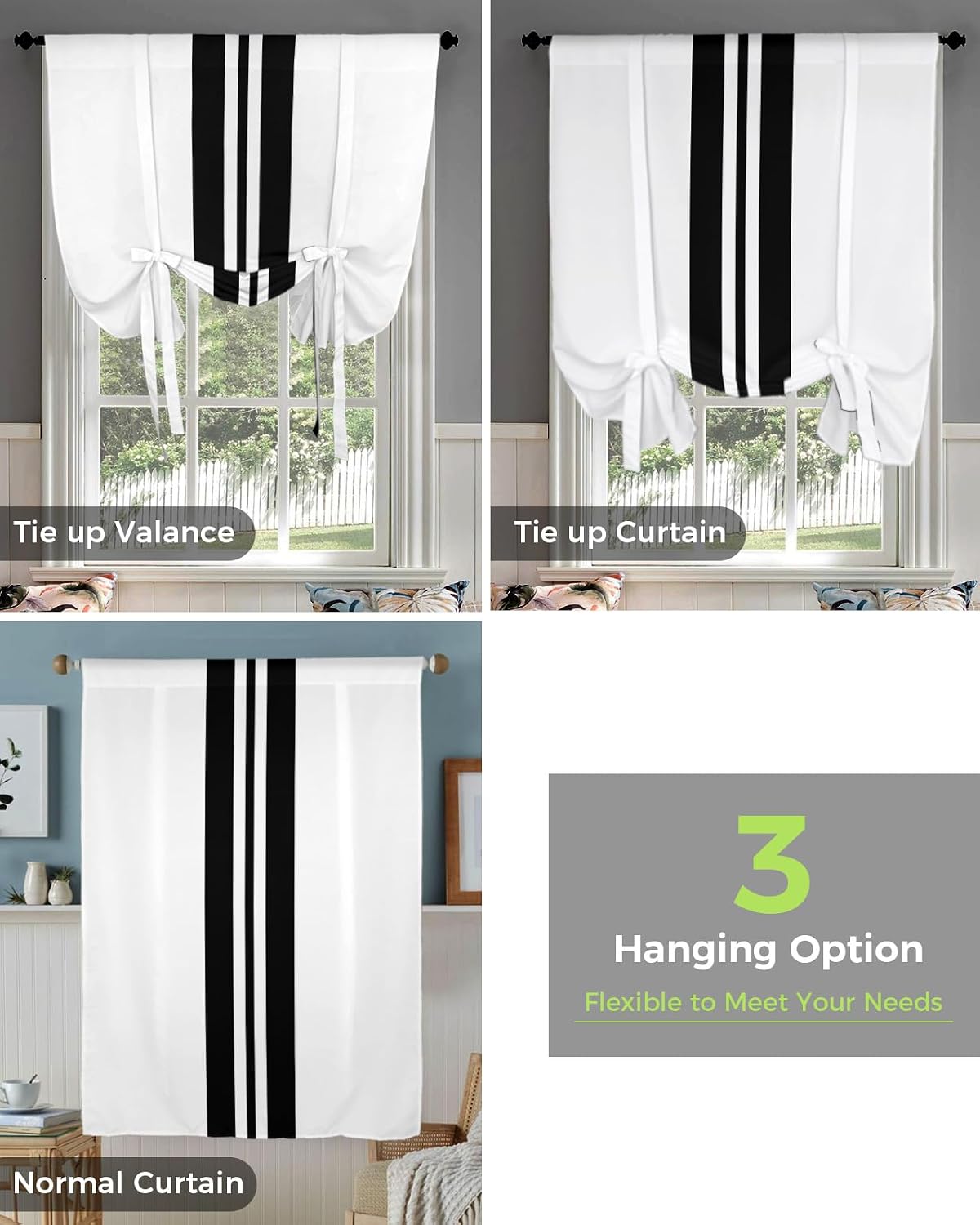 YOKOU Curtains Balloon Window Shade Black Stripes Simple Style White Holiday Decoration Rod Pocket Curtain Adjustable Tie Up Short Curtains for Small Windows Kitchen,1 PCS 46 x63 inch