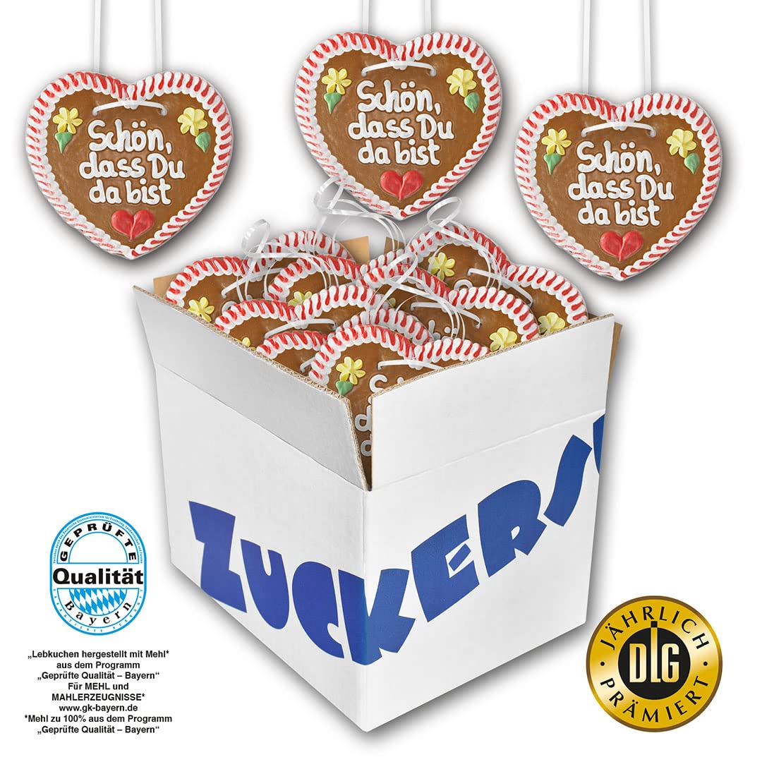 10 Stück Lebkuchenherzen " Schön, dass Du da bist " beschriftet 16cm groß / 95g schwer. Oktoberfestlebkuchenherzen. Lebkuchen Herzen günstig kaufen | Konditorei Zuckersucht (10 Stück)