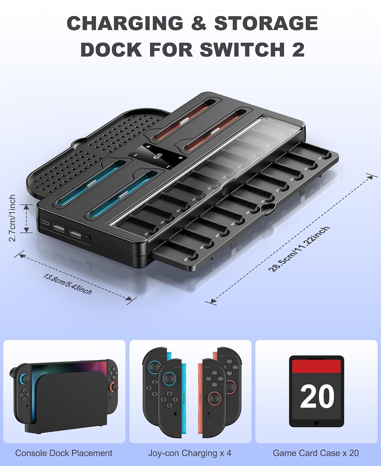 Switch 2 Charging Dock Station & Organizer Station for Nintendo Switch 2, 4-In-1 Charging Dock Base Station for Switch 2 Joycons with Indicator，Switch 2 Accessories Kit Storage with 20 Game Slots image 2