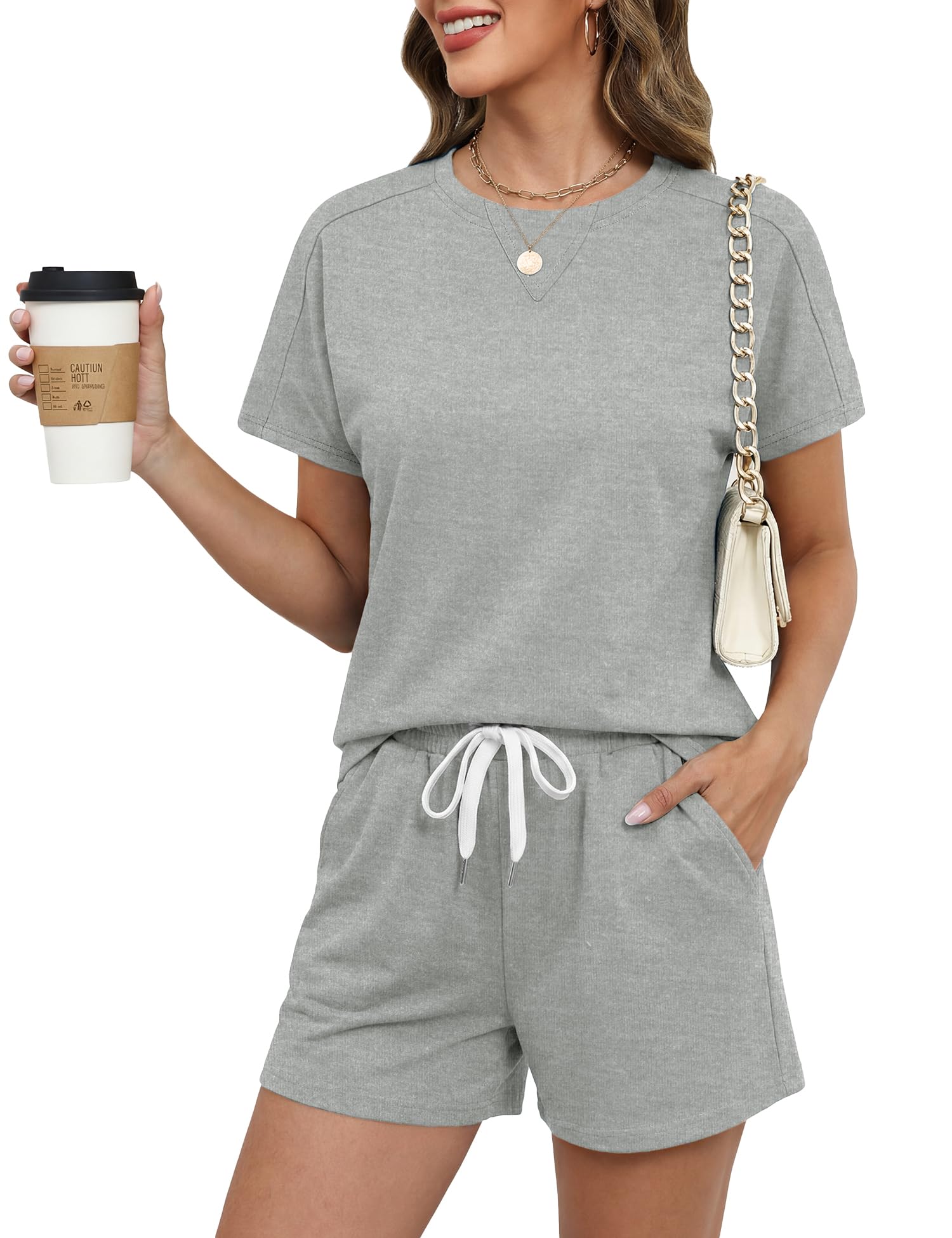 Rapbin Damen Tracksuit Kurzarm Rundhalsausschnitt Einfarbig Sommer 2025 Loungewear Outfit T-Shirt Trainingsanzug Set