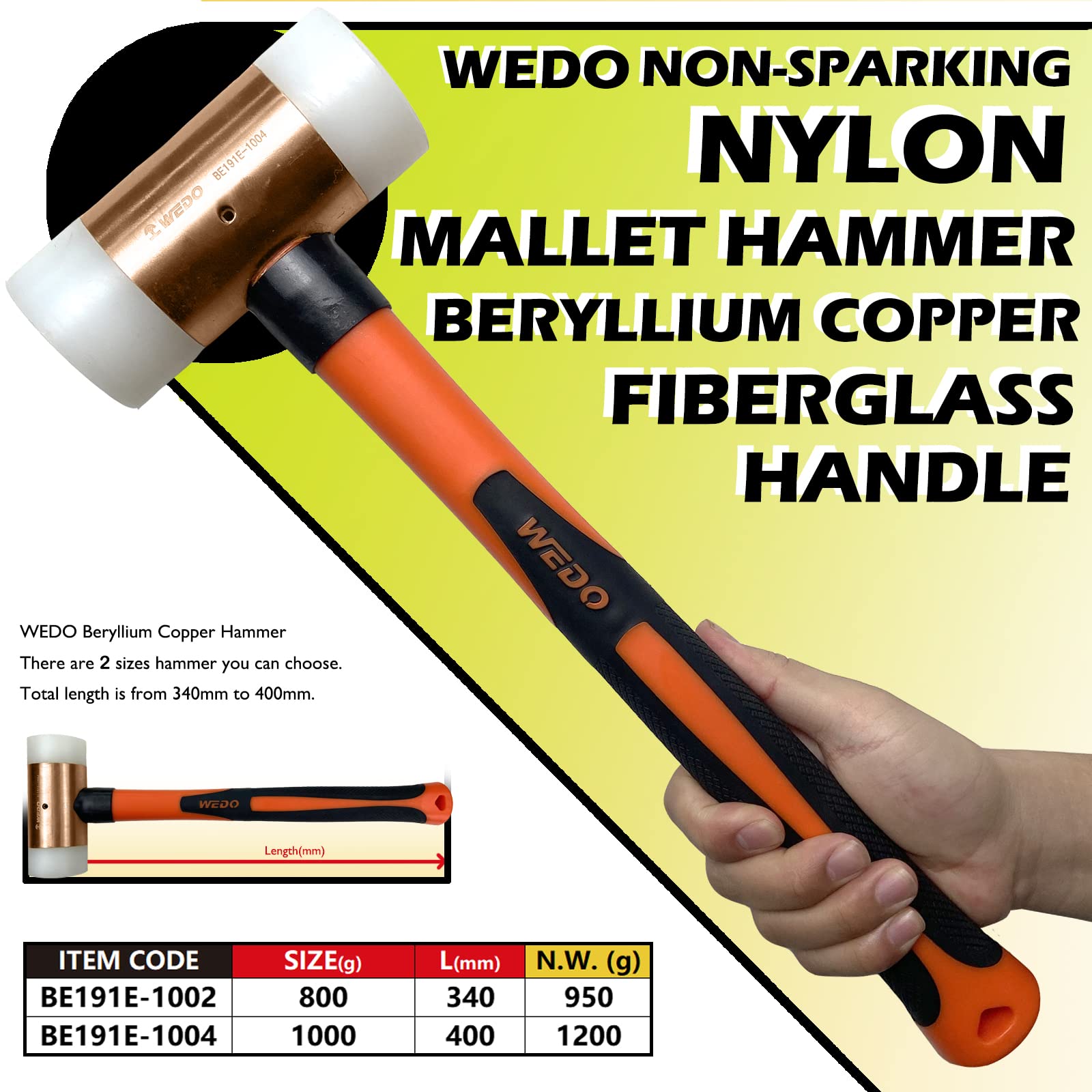 WEDO Martillo de nailon antichispas, protege la superficie golpeante de daños, martillo de seguridad sin chispas, cobre berilio, no magnético, estándar DIN, certificado BAM y FM, 1000 g x 400 mm