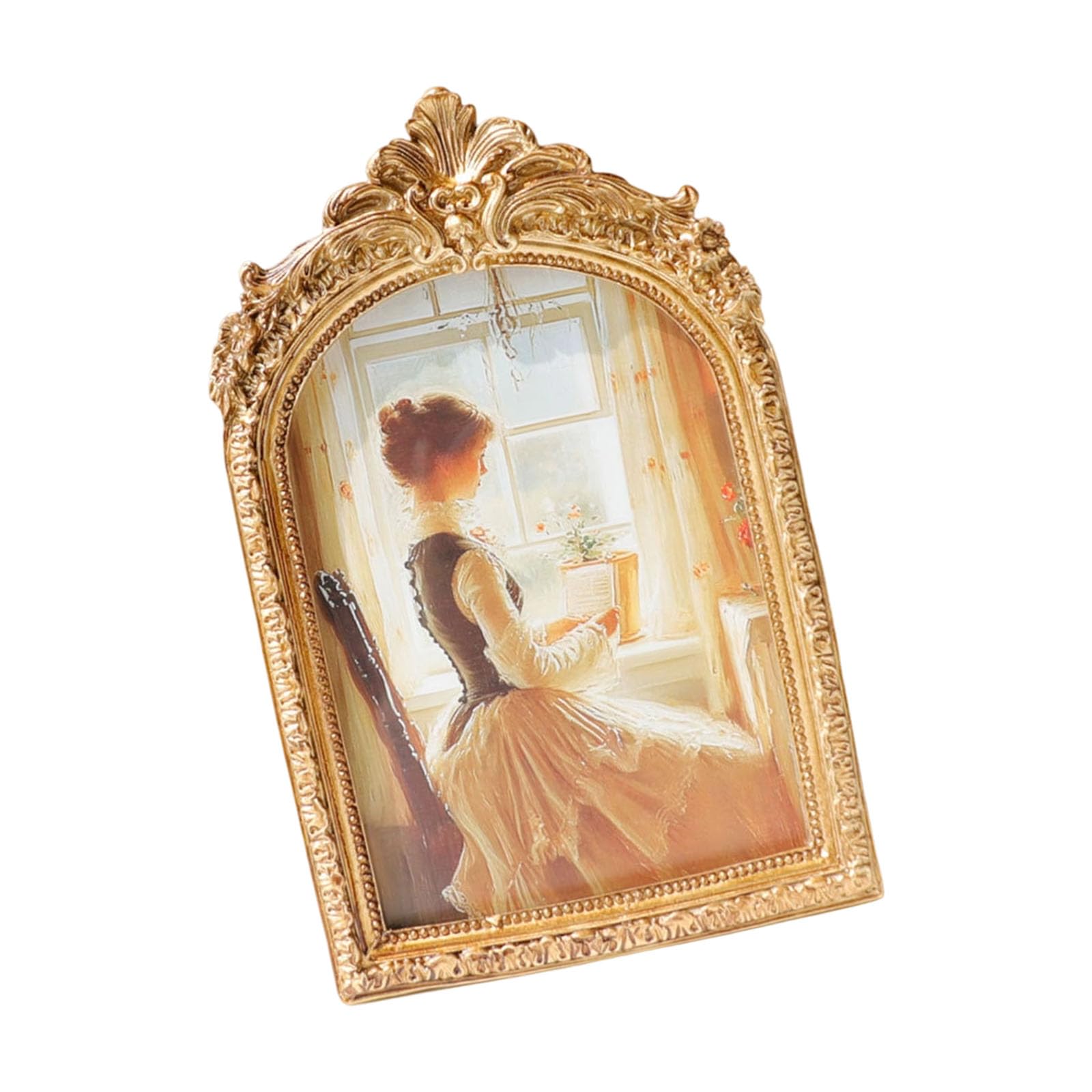 Piceioep Arched Top Resins Photo Frame with Antique Design European Golden Picture Frame for Wall Hanging or Tabletop European Antique Photo