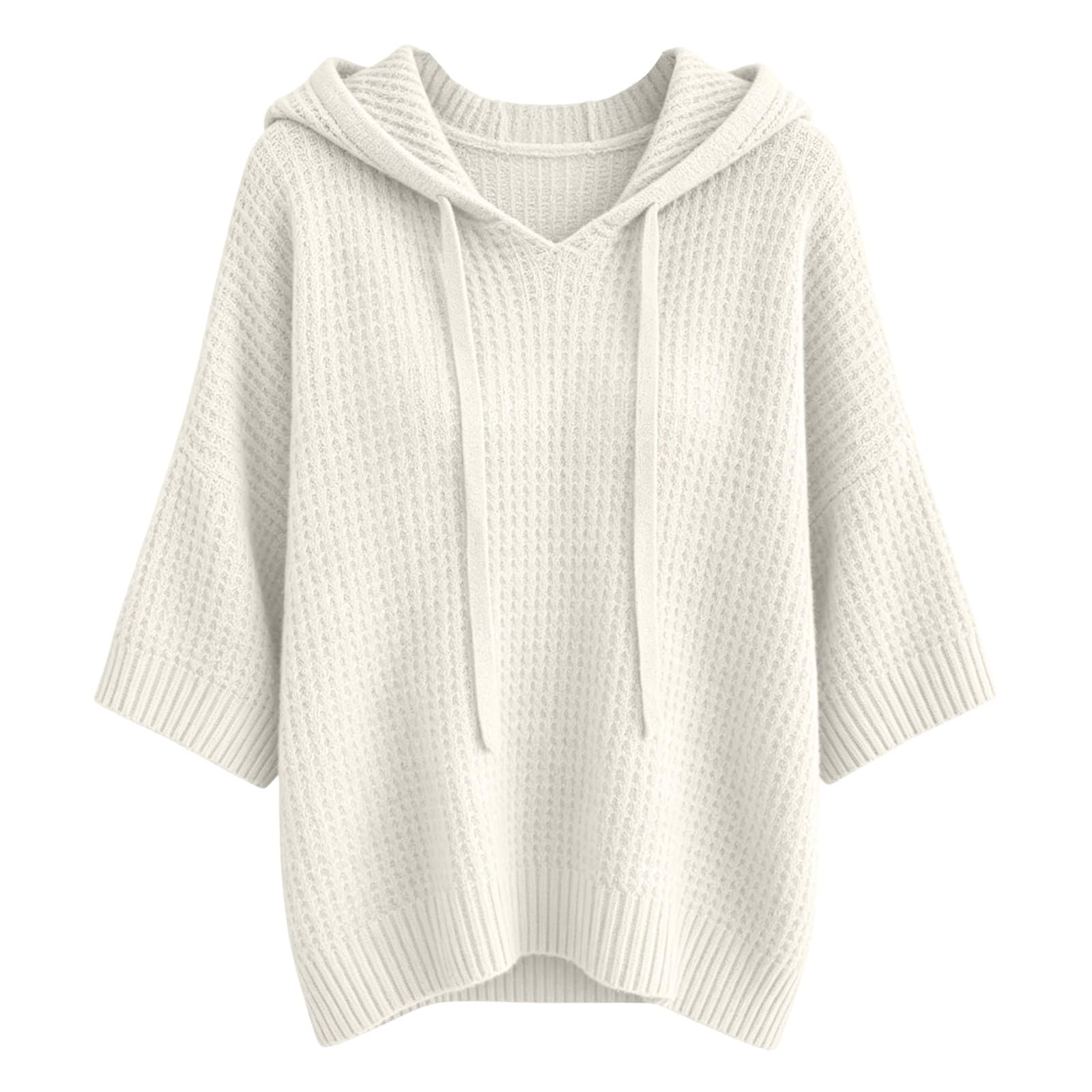 Pullover con Capucha Tejido Waffle Mujer,Cordón Mangas Tres Cuartos,Bolsillo Frontal | Look Relajado Primavera Otoño Informal | Ligero,Suave Y Holgado para Vestir
