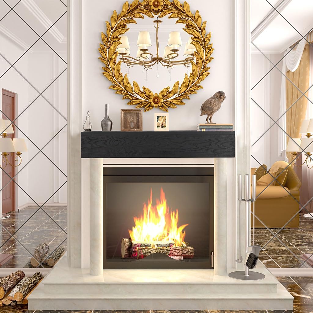 60" Rustic Wood Fireplace Mantel, Solid Wood Floating Mantel Shelf Long Floating Farmhouse Shelf Handcrafted Wooden Fireplace Mantle for Home Decor,48"