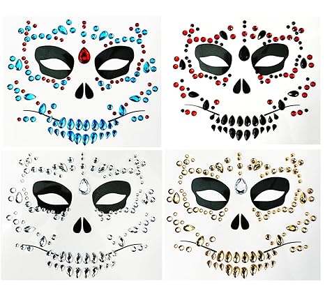 4-Pack Day Of The Death Face Gems,Halloween Temporary Face Tattoos, Rhinestone Face Jewels Stickers