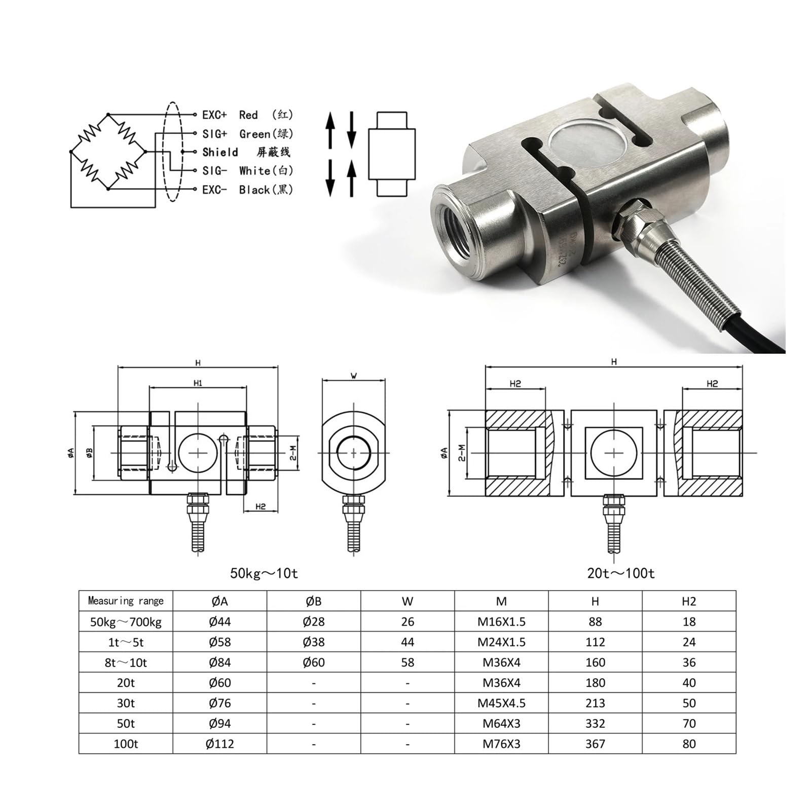 Celda de carga tipo columna S, sensor de peso, sistema de detección táctil, fuerza de tensión y presión, 200/300/500/700/1000 kg Alta estabilidad y precisión(5000KG)