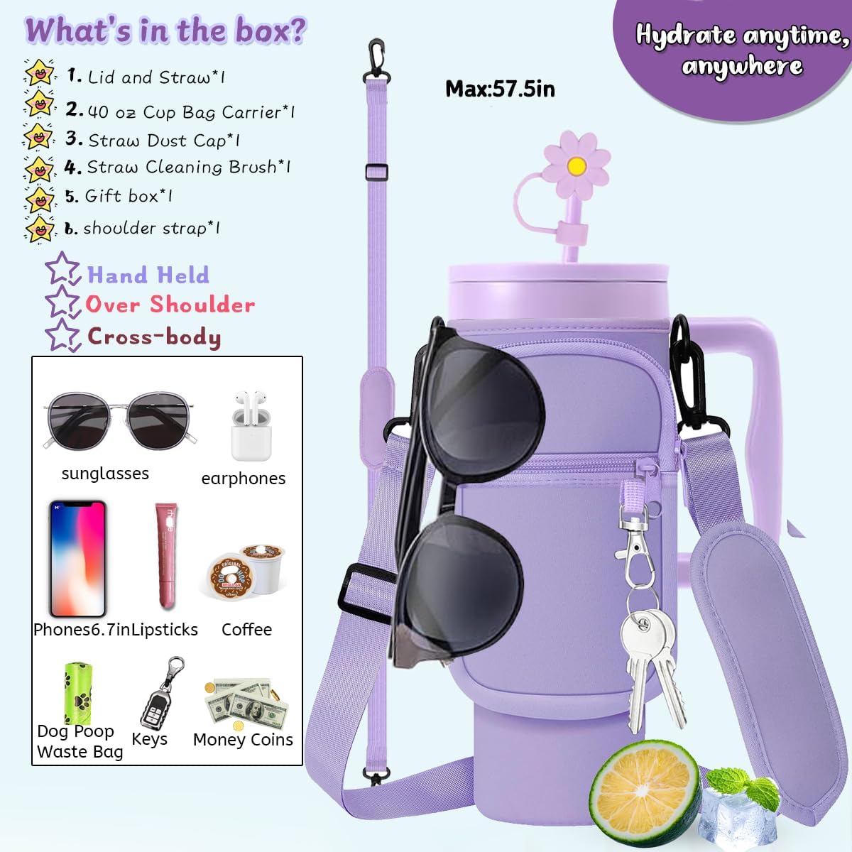 40 oz Tumbler with Handle Lid and Straw & 40 oz Tumbler Accessories - Vacuum Insulated Stainless Steel Double Wall Water Bottle with Strap Bag - Holiday Gifts for Women Men (Lavender) - Image 3