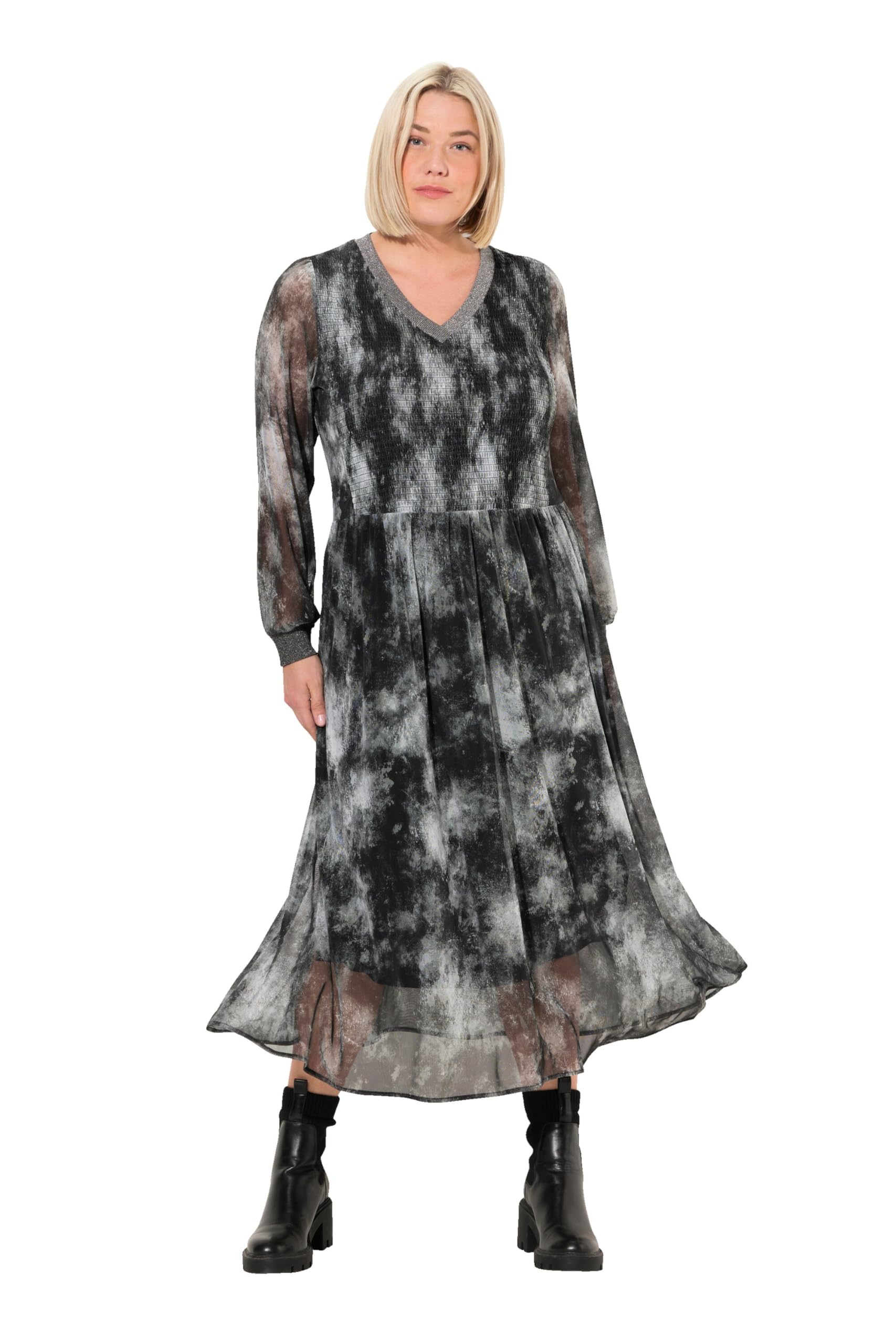 Ulla Popken Damen große Größen Übergrößen Plus Size Smok-Midikleid, Batikmuster, V-Ausschnitt, Langarm 831540