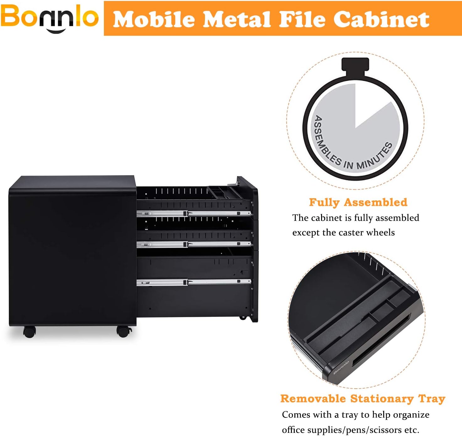 Bonnlo 23.8" H 3 Drawer Rolling File Cabinet With Lock, Mobile Under Desk With Pencil Tray, Black Locking for Home Office, Metal Filing Printer Stand Fully Assembled