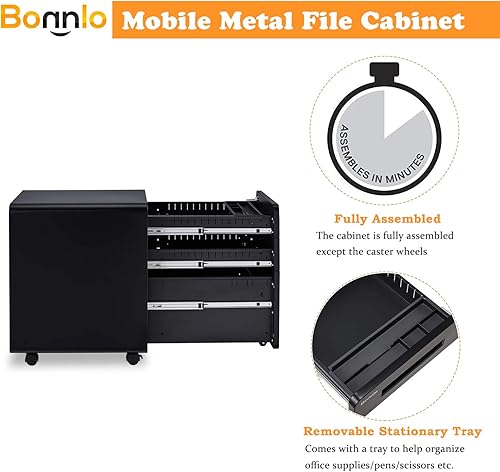 Miniatura 8 de Bonnlo Archivador con 3 cajones de 23.8 pulgadas de alto con cerradura, móvil debajo del escritorio con bandeja para lápices, bloqueo negro para