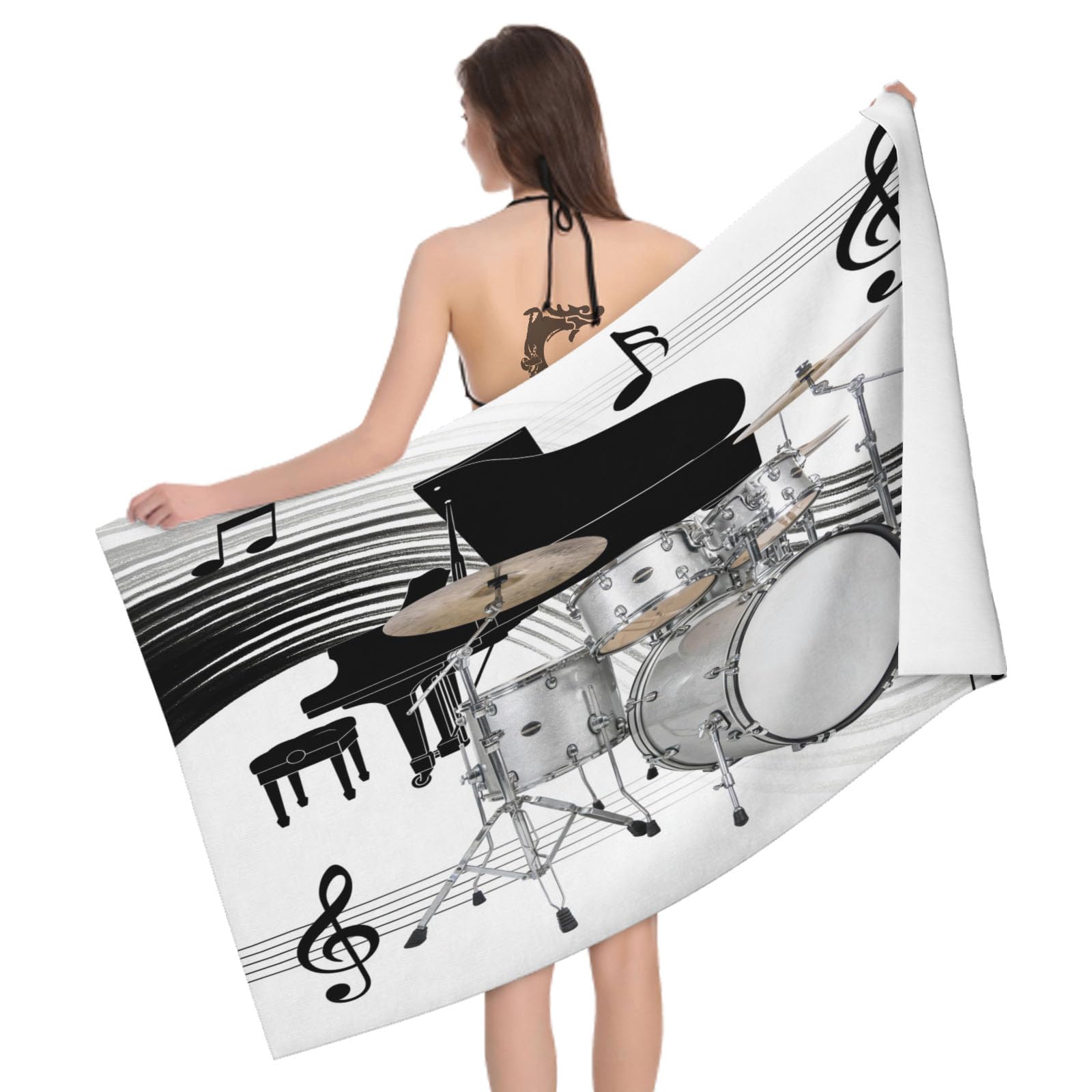 Leichong 3D Drum Kit Beach Towel Microfiber Soft Quick Dry for Adults, Musical Notes Bath Towel Lightweight Soft Absorbent for Travel Swimming Pool Sports, 75 x 150 cm