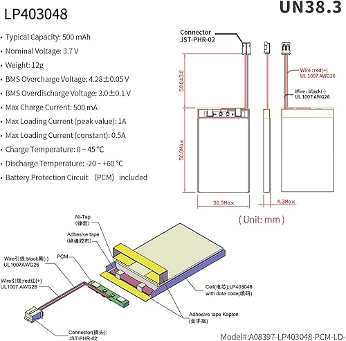 Miniatura 2 de EEMB 3.7V Lipo Battery 500mAh 403048 Batería de iones de polímero de litio Batería recargable de polímero de iones de litio con conector JST