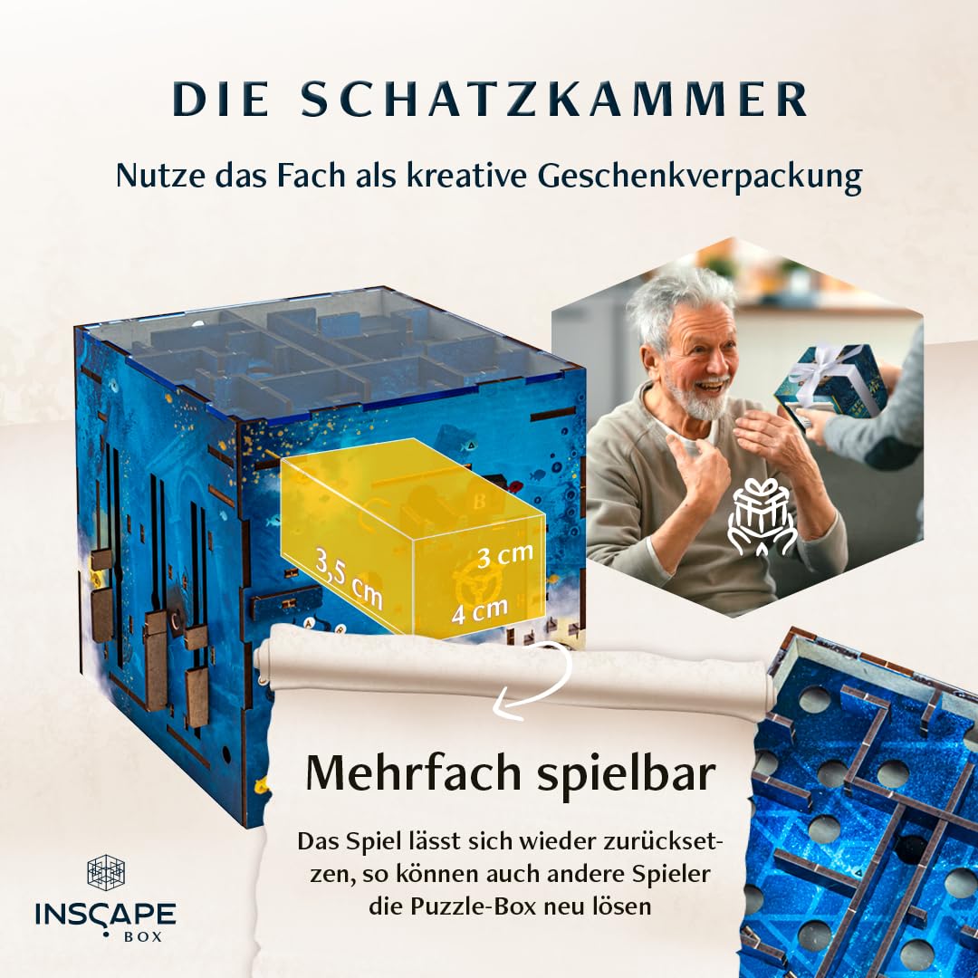 INSCAPE Atlantis Labyrinth - Cluebox - Rätselbox Holz - Puzzle Box - Escape Room Spiel Erwachsene und Kinder - Knobelspiele - 3D Holzpuzzle - Denkspiele - Geschenkbox
