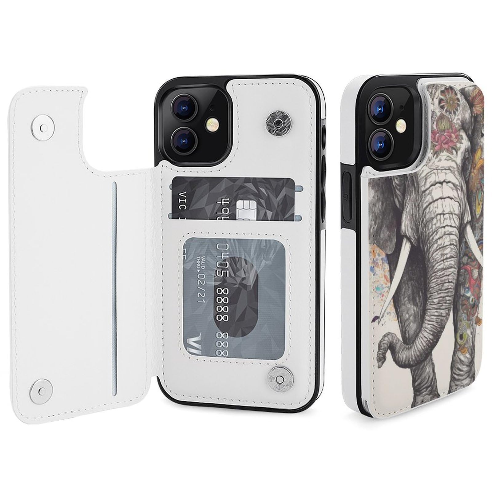 Funda tipo cartera para iPhone 12 Mini, diseño de elefantes, de piel, con ranuras para tarjetas