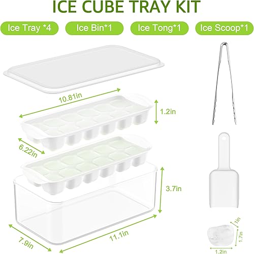 Miniatura 5 de ICEXXP Paquete de 4 bandejas para cubitos de hielo con tapa y contenedor, bandejas de cubitos de hielo para congelador con caja de hielo, bandejas