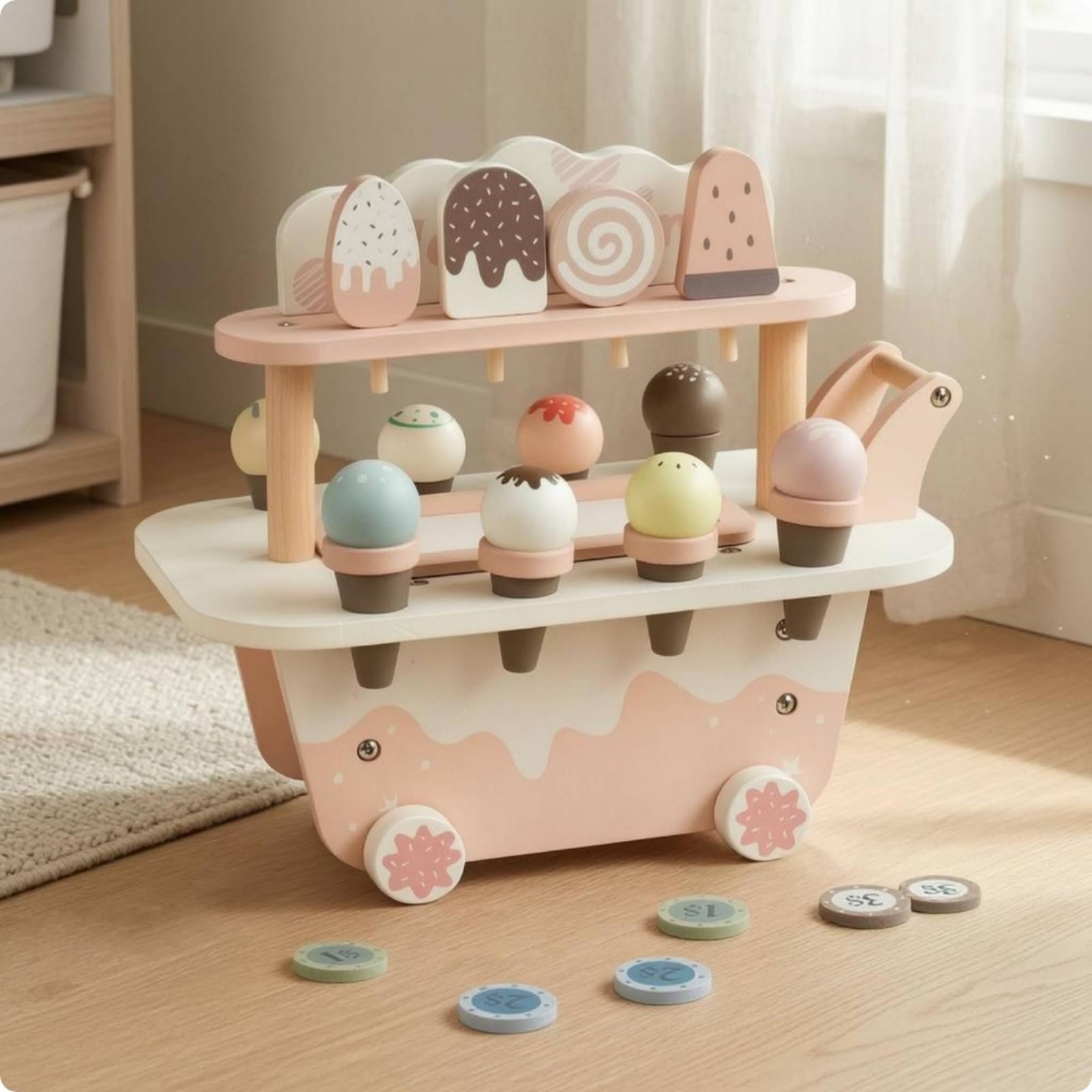 Kinder Spielwagen Holz Eisladen Wagen Kinderwagen Rollenspiel Spielzeugwagen mit Zweistufiger Präsentationsablage Robuster Holzbau Schiebegriff Räder für Innenraum Zuhause