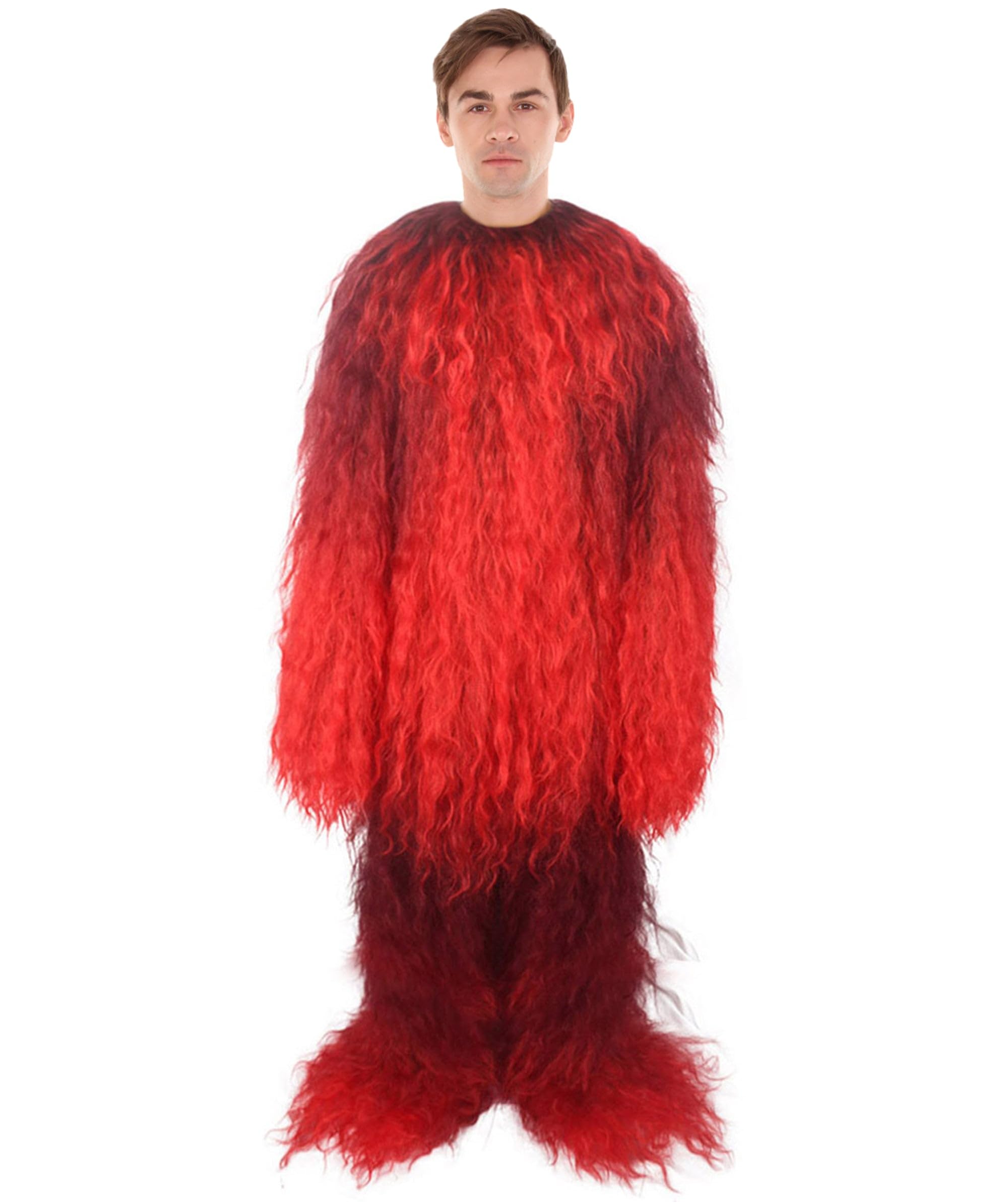 HPO Adult Unisex Long Hairy Warrior Ape Costume - Military Leader Fighter Vest & Pant | Halloween Yeti Gorilla Outfit, Red - Medium