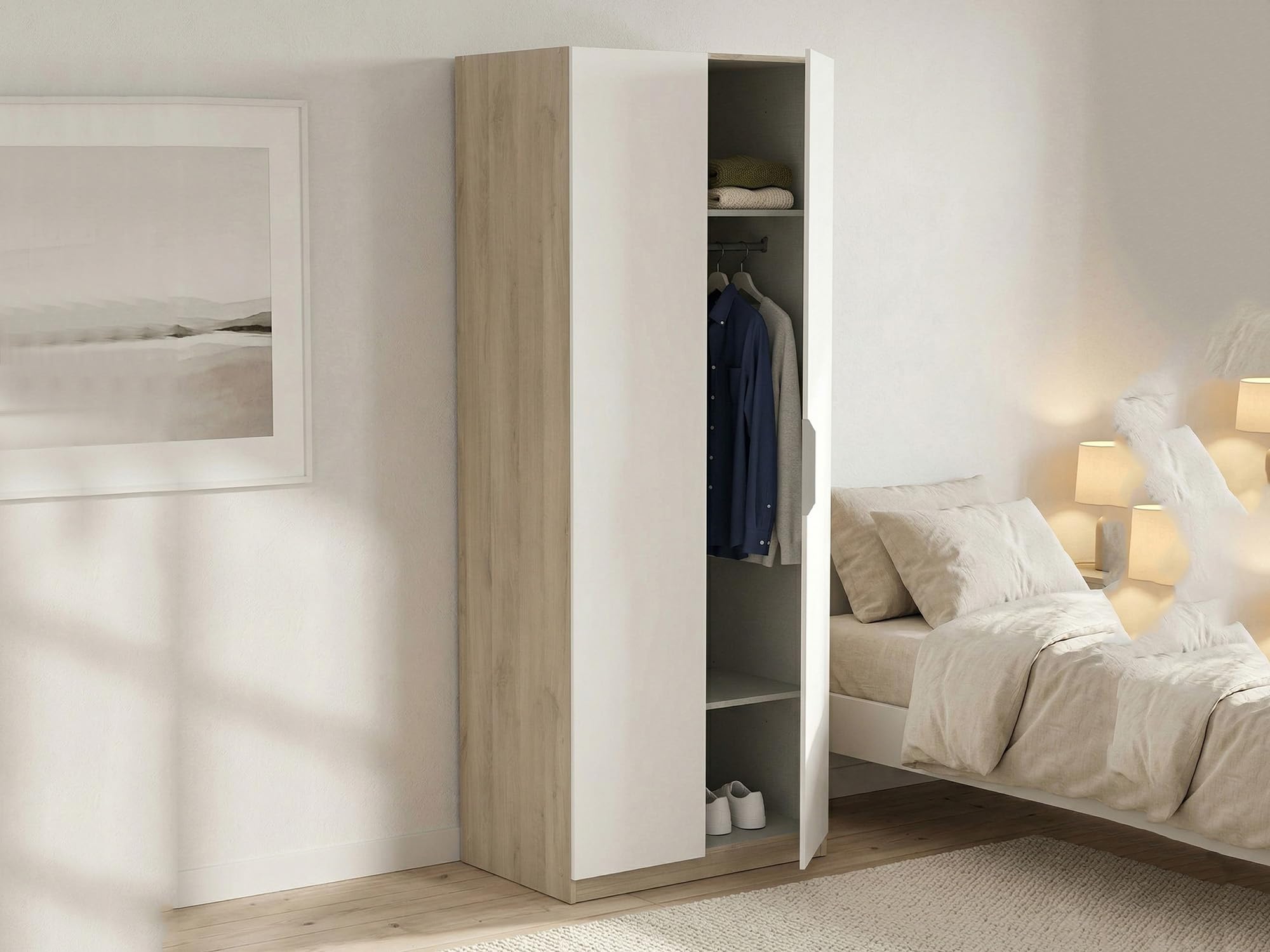 Dmora - Guardaroba 2 Ante Isere, Mobile Camera da Letto, Cabina Armadio portabiti, Armadio Appendiabiti, 79x51 h203 cm, Rovere e Bianco Opaco