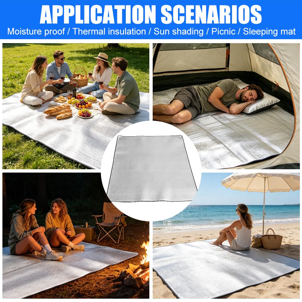 Matelas thermique de camping, isolant en mousse en aluminium, 200 x 200 cm, tapis de couchage pour camping, couverture thermique, tapis de sol, pour la randonnée, le trekking, les activités de plein