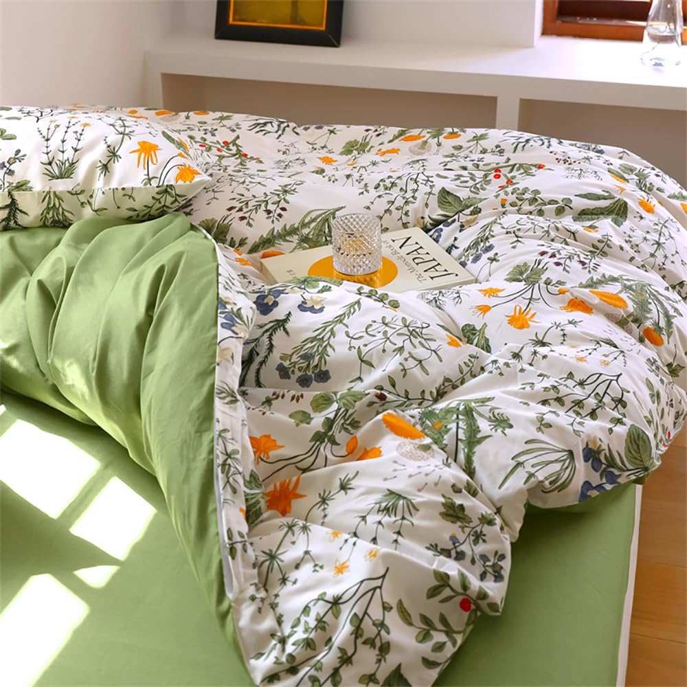 Juego de ropa de cama de algodón 135 x 200 cm, diseño de flores pequeñas y estampado botánico, funda nórdica estética con cremallera y funda de almohada de 80 x 80 cm