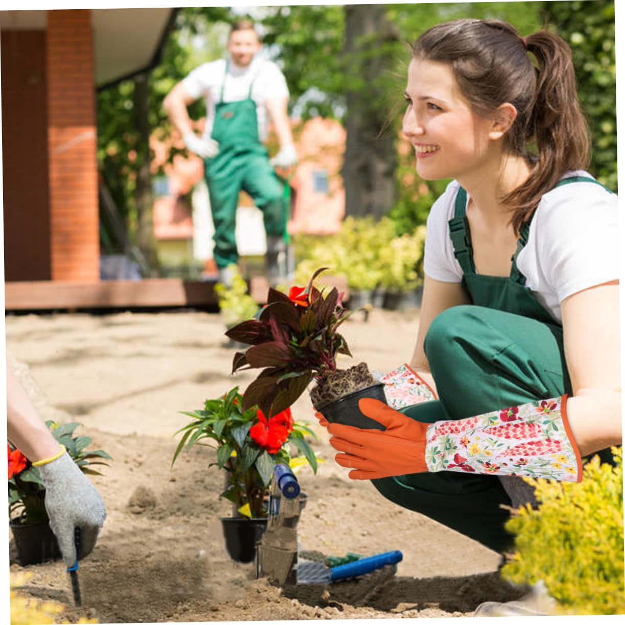 Guantes de Jardinería de Manga Larga con Material Transpirable Guantes Protectores para Trabajos de Desmalezado
