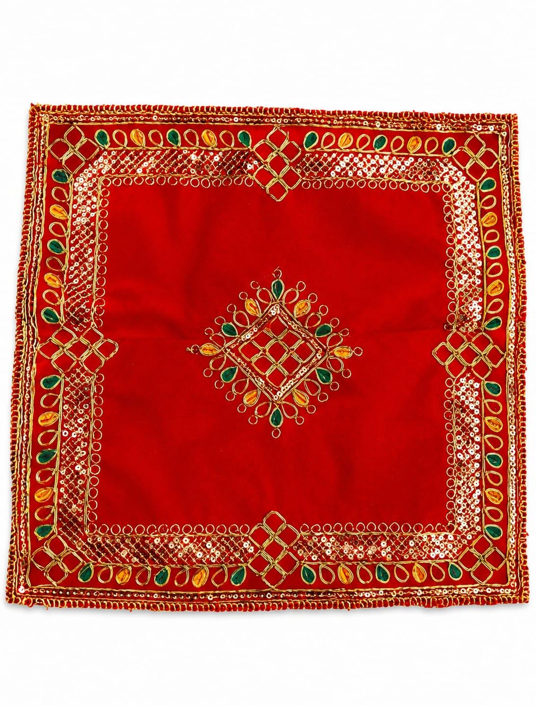 Pooja Aasan Cloth/Chowki Aasan Kapda Mat 16x16 Inch for Puja Table, Home Mandir & Temple | Pooja Mat | Prayer Mat | Aasan for Puja | Meditation Mat | Sitting Mat | Zari Design Asan (2,Square)-image-8