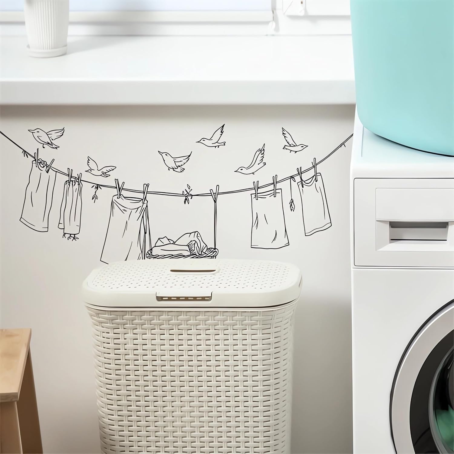 Clothesline Birdie Wall Stickers, sacinora Simplicity Sketch Dry Clothes Wall Decals Removable Vinyl Peel and Stick for Bathroom Balcony Laundry Room Art Home Decorations - Image 6