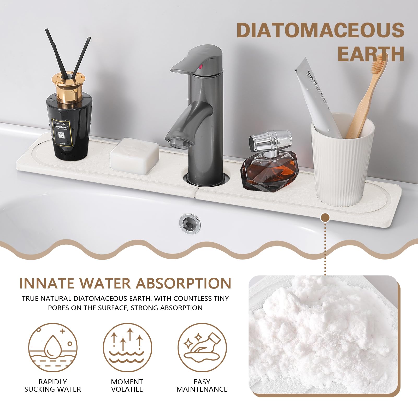 Tapis De Robinet Pour Évier De Cuisine, Plateau En Pierre De Diatomite À Séchage Rapide, Prévient L'humidité, Protecteur Super Absorbant, Gardien Pour Cuisine Et Salle De Bain (Blanc 02,50*10cm)