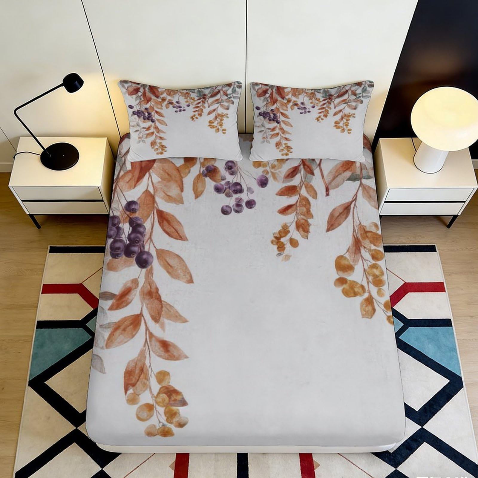 3D Printed Autumn Leaves Fitted Sheet Microfiber Soft Breathable Berries Bed Cover for Bedroom Dormitory Guest Room Mattress Protection Decor 120x200x25cm