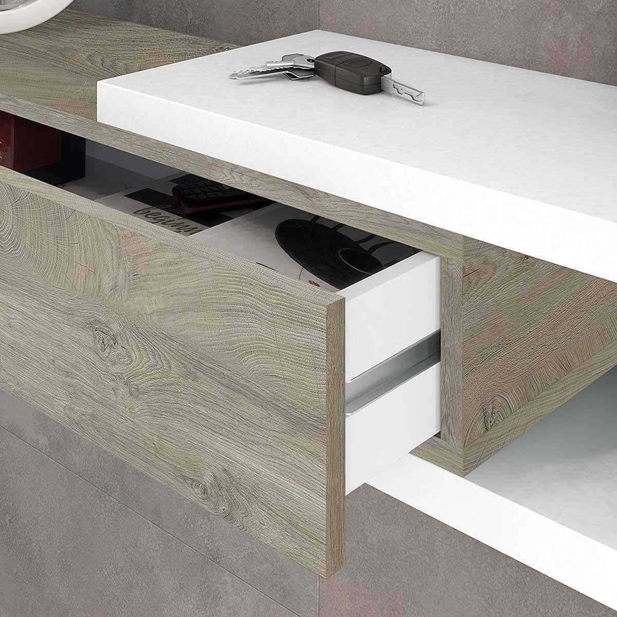 Dmora - Mobile da ingresso Mcallen, Entratina reversibile con specchio, Mobile per atrio con cassetto, Svuotatasche per appartamenti, 95x26h69 cm, Bianco e Rovere