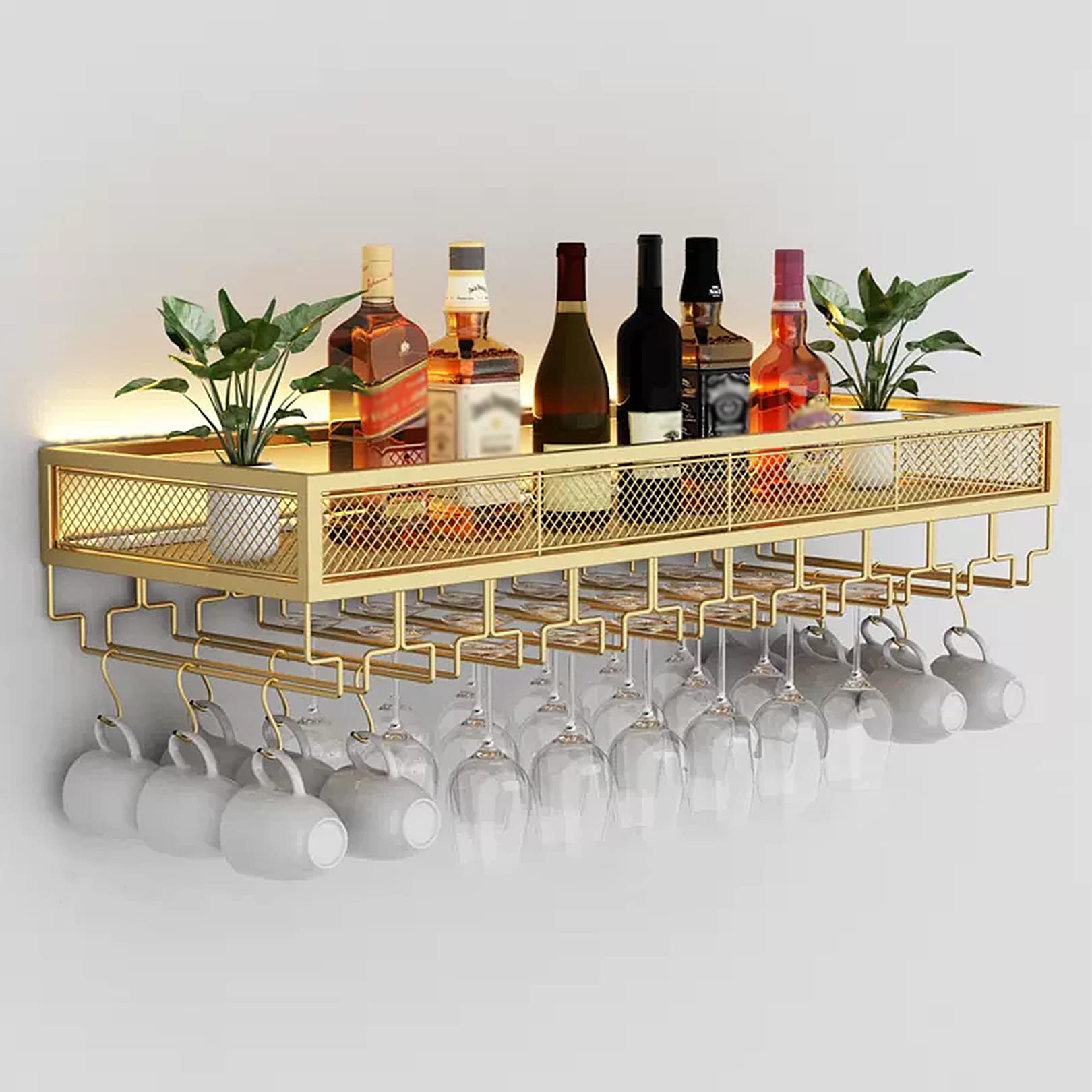 Casier à vin mural avec support verres étagère de bar suspendue lumineuse