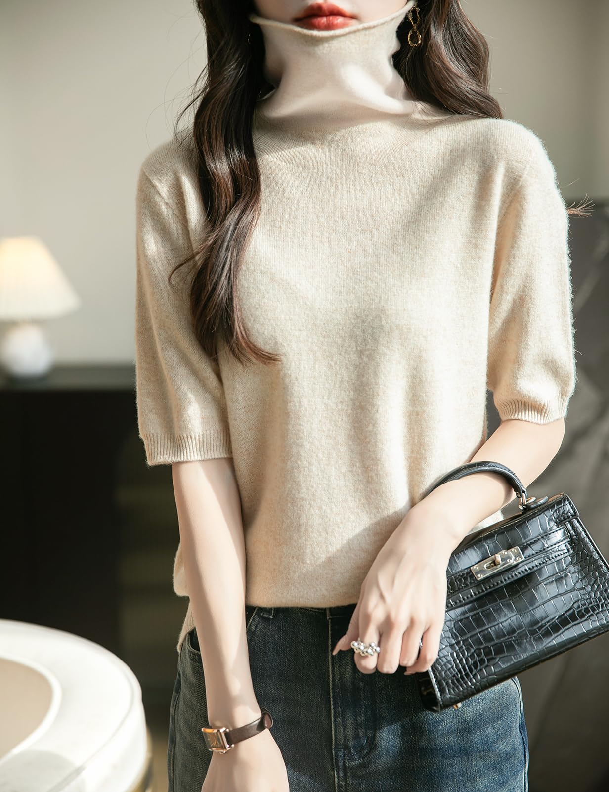 Chanyarn Damen 100% Merinowolle Kurzarm Pullover 2025 Frühjahr Sommer Winter Weich Leicht Rollkragen Nahtloser Strickpullover Sweatshirt