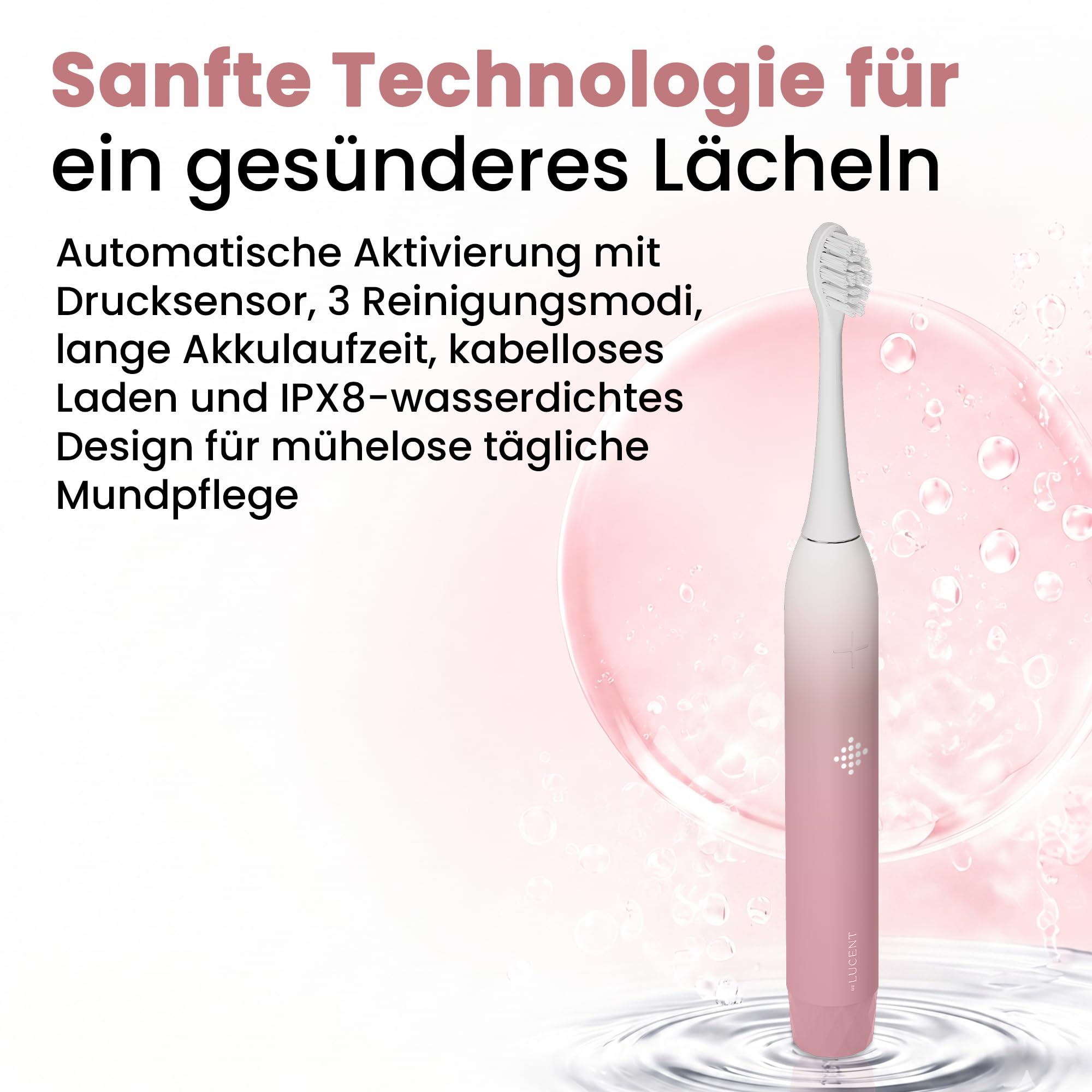 Prism Elektrische Zahnbürste – Schallzahnbürste mit 3 Reinigungsmodi, Smart Timer, Drucksensor, kabellosem Laden, IPX8 wasserdicht, 60 Tage Akku, Rosa