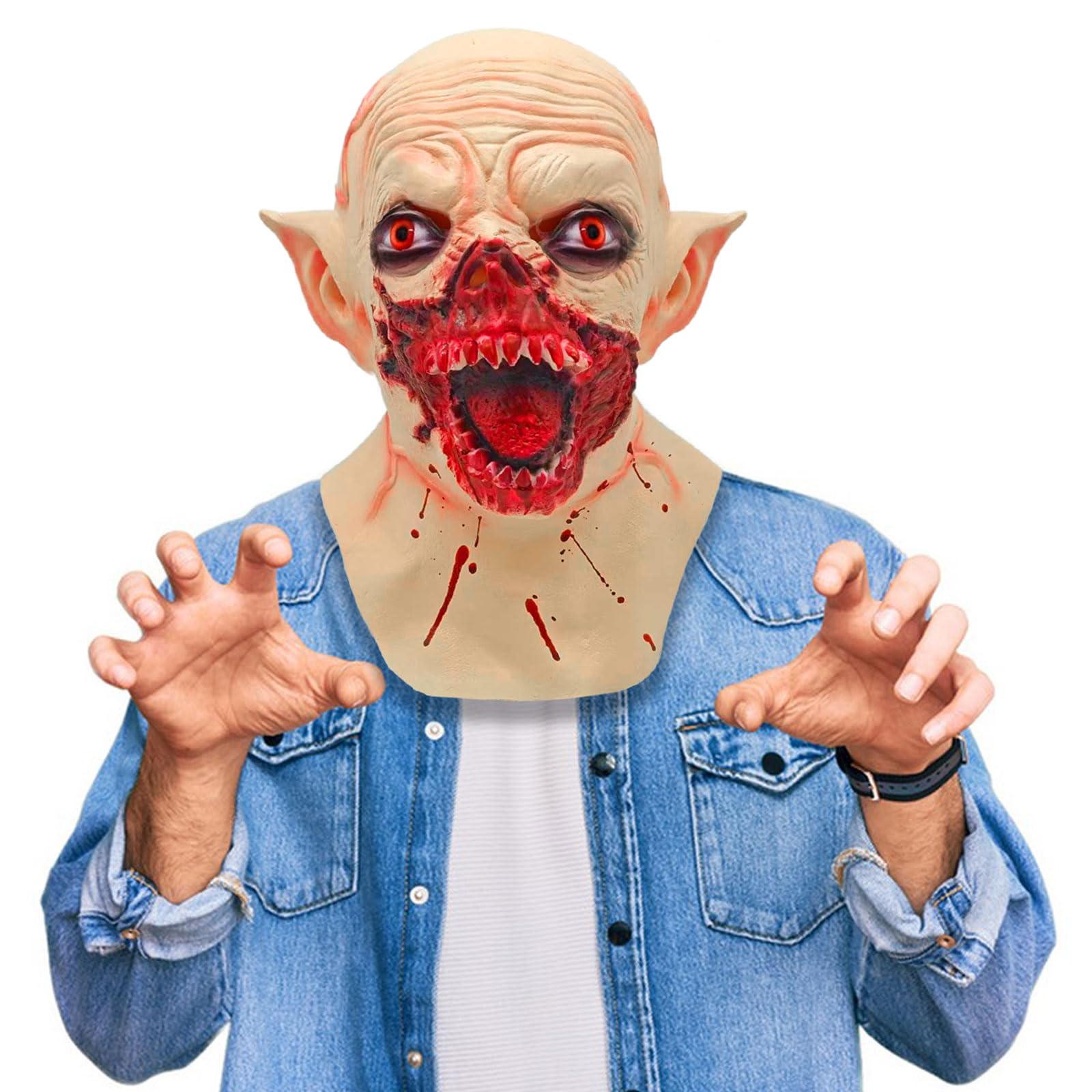 BEJOYFMY Vampire Mask with Sharp Teeth, Scary Latex Demon Monster Face Masks for Adults Cosplay Party Props - Light Brown
