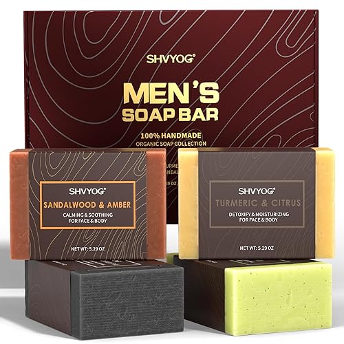 SHVYOG 4 jabones para hombre, jabón de barra para hombre, jabón natural para hombres, jabón exfoliante hecho a mano prensado en frío, limpieza
