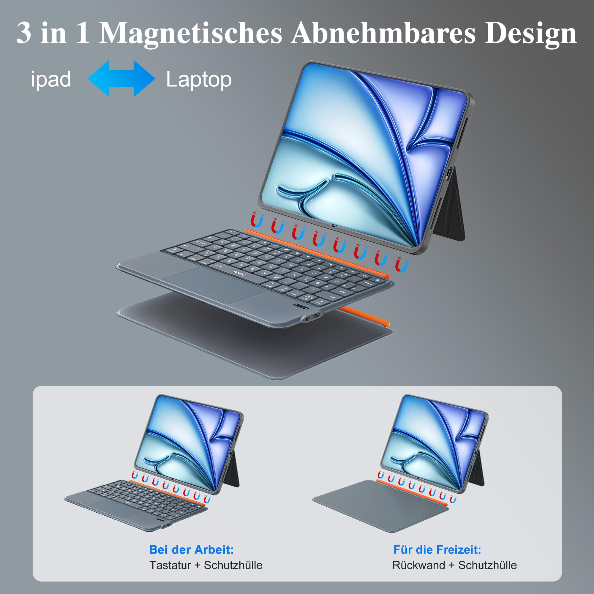 WIWU iPad Hülle mit Tastatur für Air 11" M4/M3/M2 2026/2025/2024 A16/10 Gen Magnetische Abnehmbare Tastatur Ständer Beleuchtete Tasten Touchpad (Grau, for iPad 11/10/Air 5/4/11"(M2/M3) Pro 11"4/3/2/1)