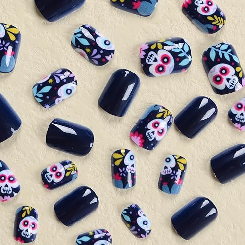 Miniatura 2 de Uñas postizas negras de Halloween, uñas cortas cuadradas a presión, uñas postizas de calavera de cobertura completa, uñas acrílicas artificiales con