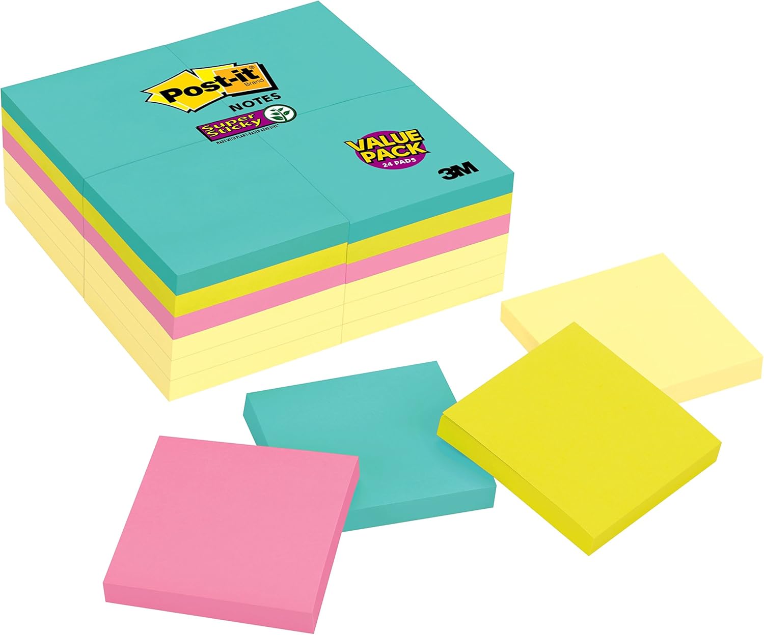 Post-it Super Sticky Notes 3 in. x 3 in. Canary Yellow and Supernova Neons Collections 24 Pads/Pack 90 Sheets/Pad