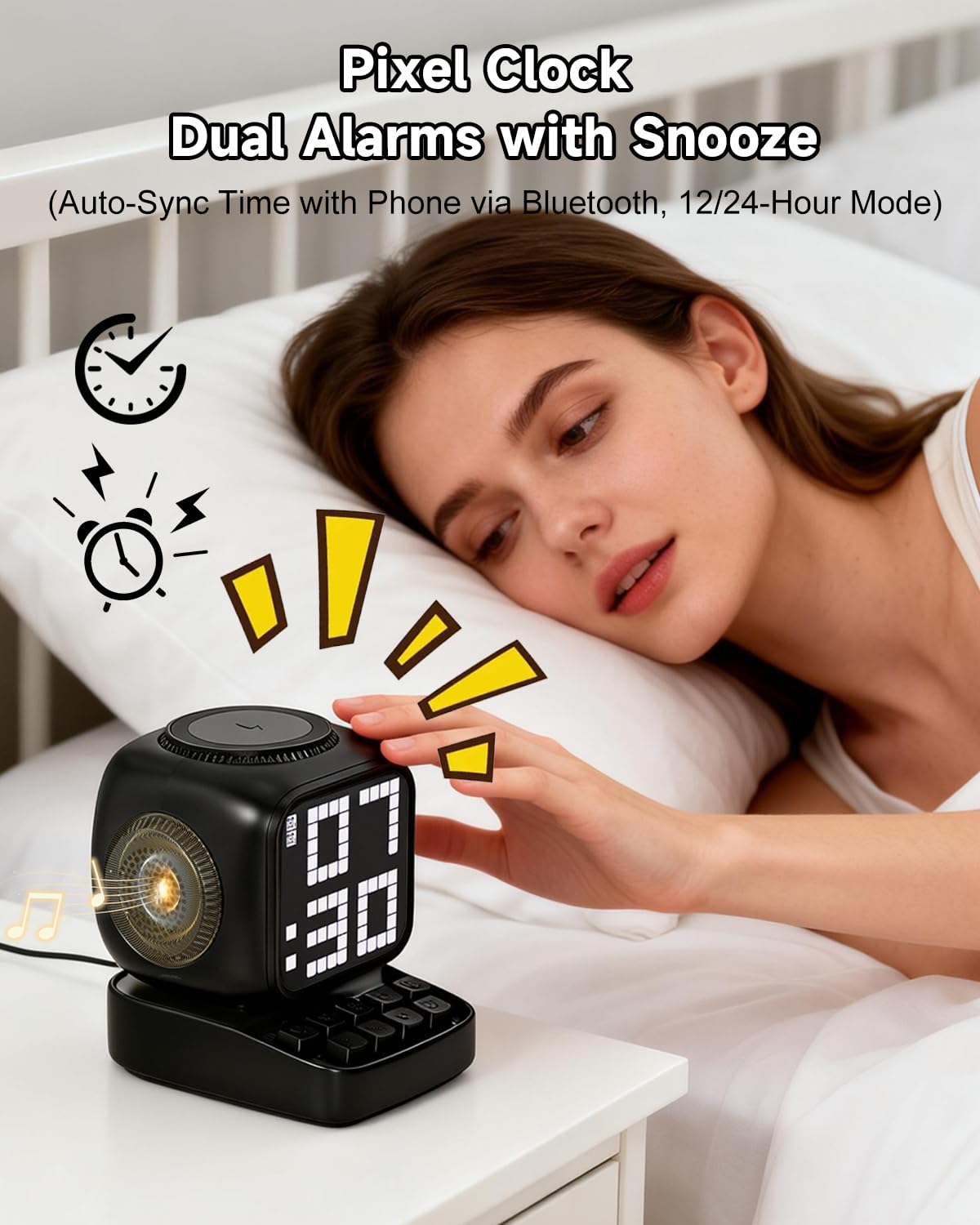 Altoparlante Bluetooth 5 in 1 con robot retrò: caricatore wireless da 15 W, schermo LED pixel, suono stereo da 10 W e 15 rumori bianchi, sveglia, altoparlante wireless portatile carino per camera da