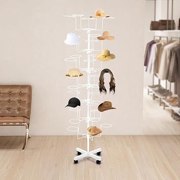 7-Tiers Rotating Hat Display Rack, Standing Adjustable Hat Display Stand 35 Hooks, Retail Large Headwear Wig Rack with Wheels for Wigs, Hats & Baseball Cap(White)