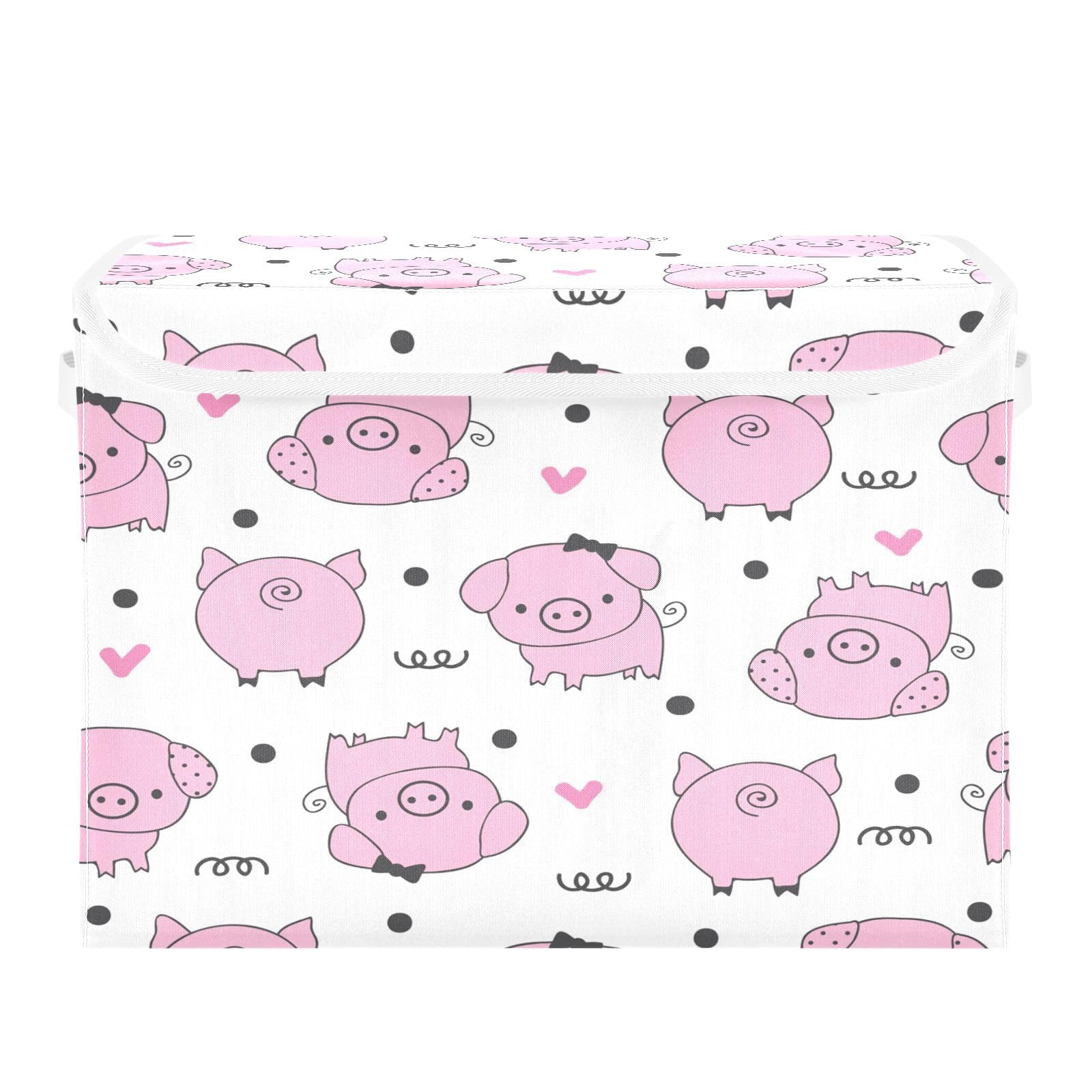 Grckit Storage Bins with Lids, Cute Pig Foldable Storage Cube Boxes Fabric Storage Organizer Basket for Home, Bedroom, Office, Closet (16.5x12.6x11.8 In)