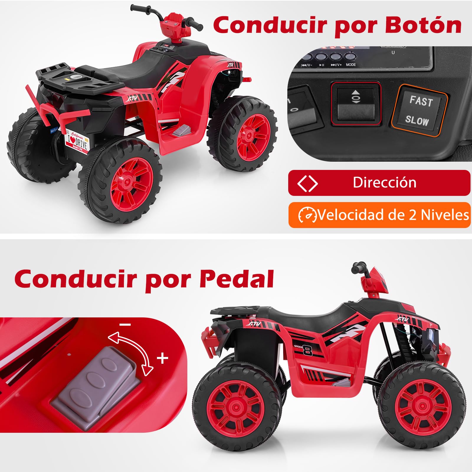 GOPLUS Quad Eléctrico ATV 24 V, Juguete de 4 Ruedas con Luces LED, Coche para Niños con Conexión Inalámbrica, Música, Radio, con Velocidad Baja y Arranque Suave para Niños de 3 A 8 Años, Negro (Rojo)