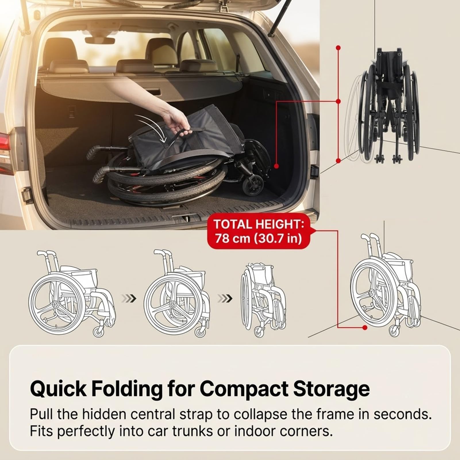 Silla de Ruedas Deportiva Plegable Aluminio 14kg para Viajes y Exterior (A,Seat width 42cm)